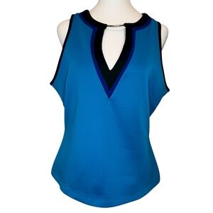 NWT Bisou Bisou Women’s Large Blue Black Sleeveless Blouse Metal Keyhole Stretch
